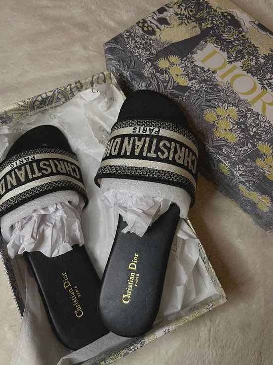 Dior Shoes - Dior Black and Ivory Christian Dior Logo Slide Sandals